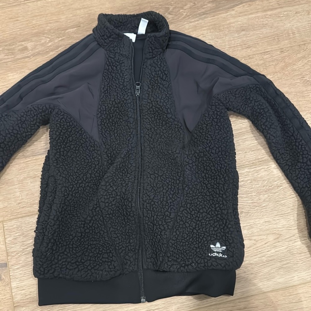 Adidas Sherpa Fleece Bomber Jacket White 3 Stripe Track Style Kids Size S